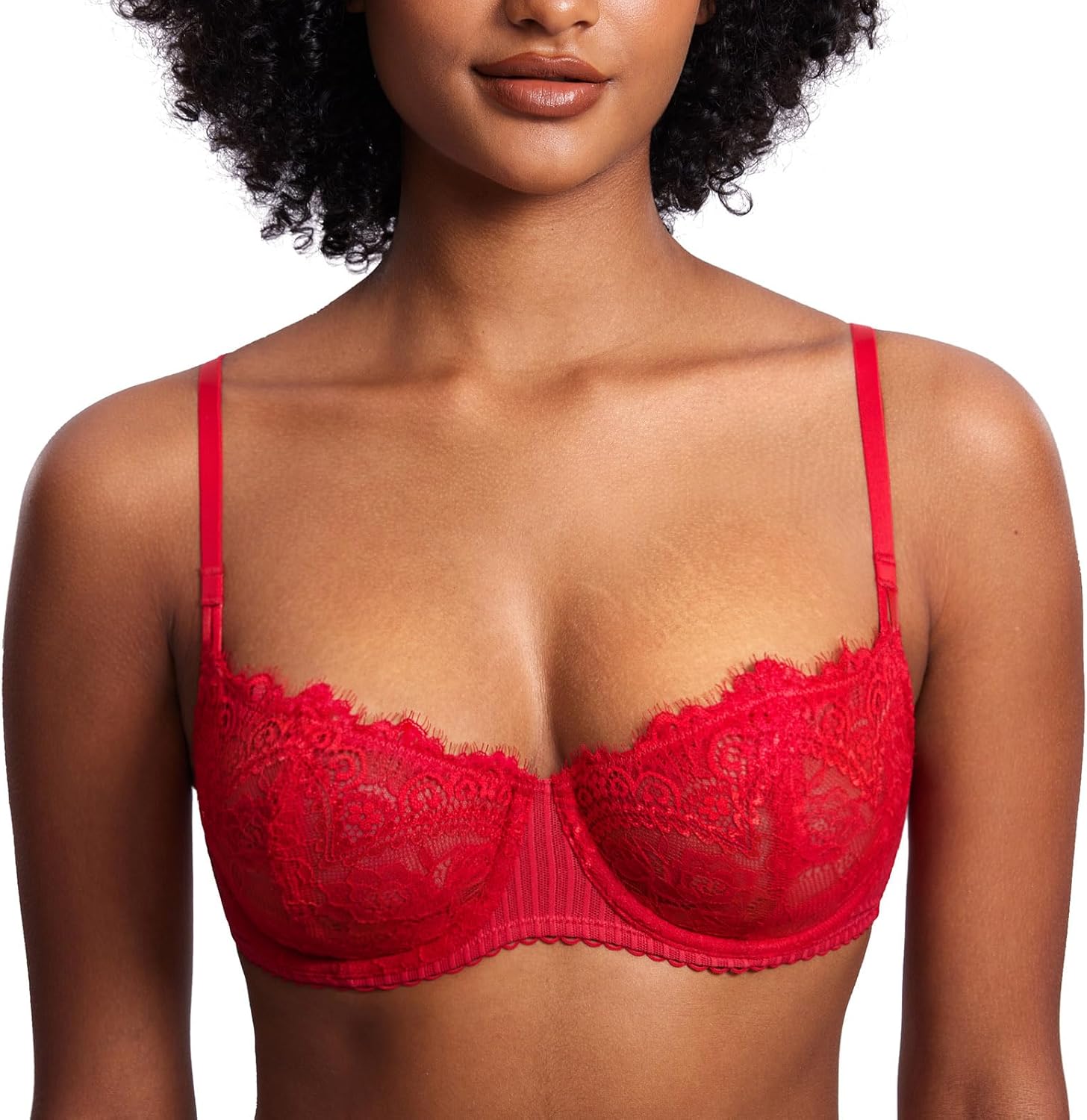 DOBREVA Women's Sexy Lace Push Up Plus Size Bra Sheer Balconette Underwire Unlined - Image 2