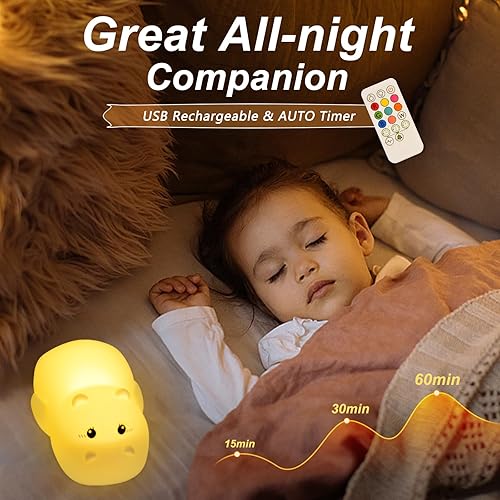 Miniatura 2 de Luz nocturna de regalo de hipopótamo para niños, bonita lámpara de noche de animales para habitación del bebé, luces táctiles LED de silicona suave,