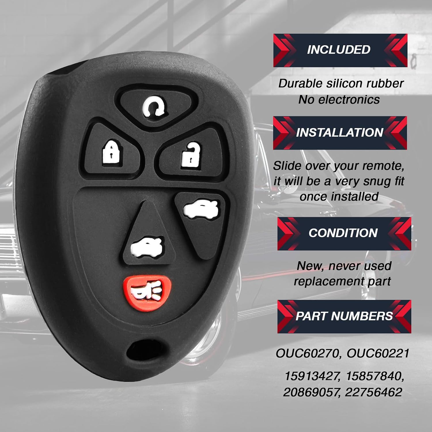 2X USARemote Keyless Entry Remote Key Fob Cover Silicone Rubber Skin 6-Button Replacement for Cadillac Chevrolet GMC (15913427, OUC60270, OUC60221)