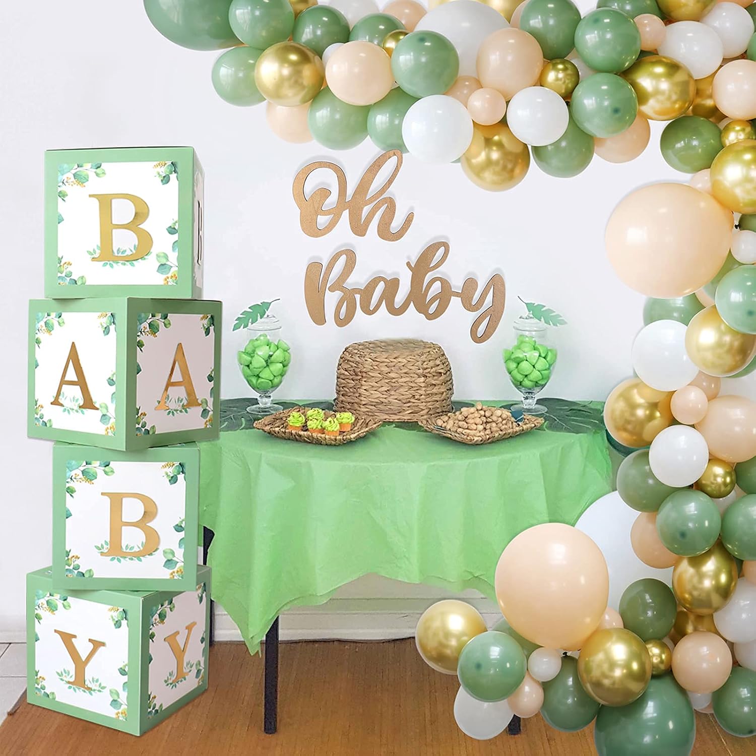 Sage Green Baby Shower Boxes + Sage Green Balloon Garland Kit +White Oh Baby Sign for for Baby Shower Backdrop,Gender Reveal Party Supplies