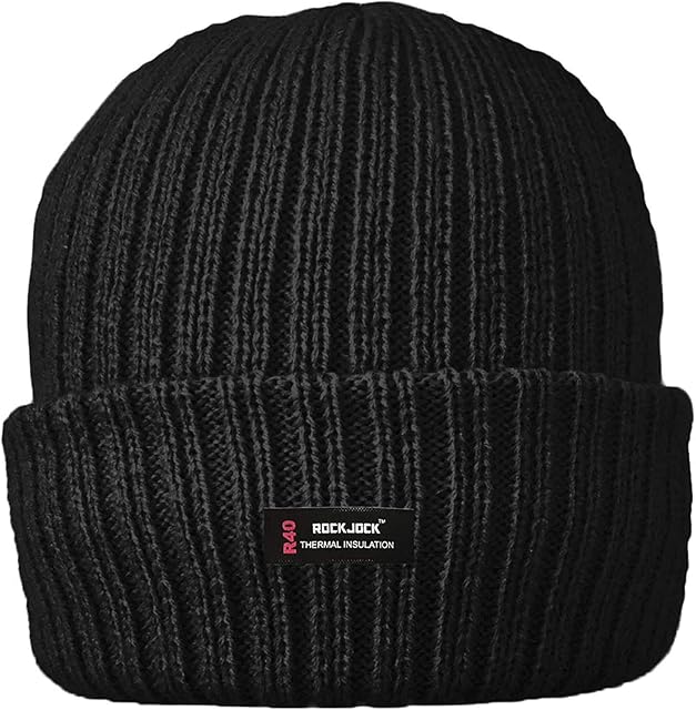 RockJock Mens Thinsulate Lined Insulated Winter Thermal Ski Beanie Hat Mens Ribbed Chunky Warm (Full Black)(Size: Mens/Adults)