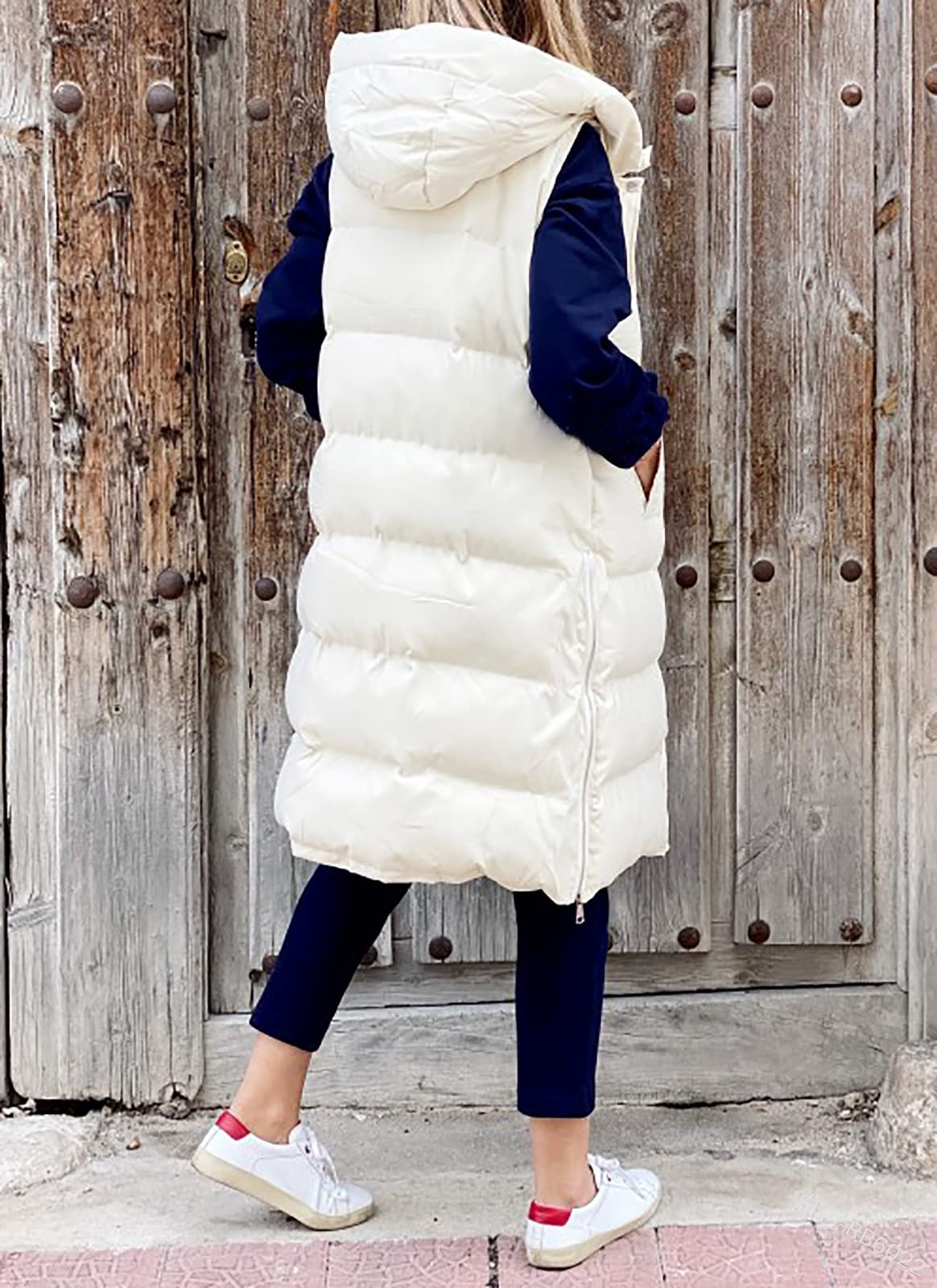 Piumino Lungo Da Donna Senza Maniche Piumino Con Cappuccio Taglia Grande Invernale Leggero Gilet Con Tasche Giacca Trapuntata Antivento,Beige,L