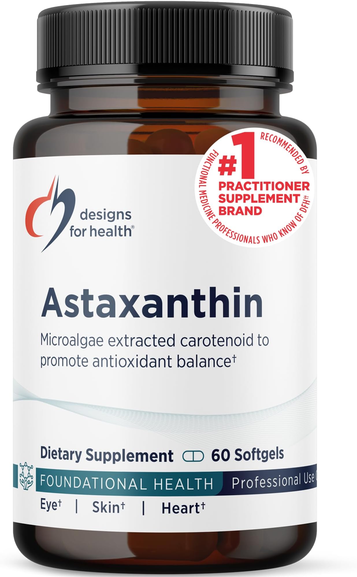 Designs for Health Astaxanthin - Microalgae (Haematococcus Pluvialis) Extracted Carotenoid Antioxidant Supplement - Support for Cardiovascular, GI, Skin + Eye Health (60 Softgels)