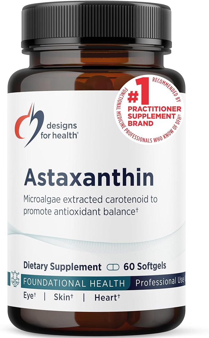 Designs for Health Astaxanthin - Microalgae (Haematococcus Pluvialis) Extracted Carotenoid Antioxidant Supplement - Support for Cardiovascular, GI, Skin + Eye Health (60 Softgels)