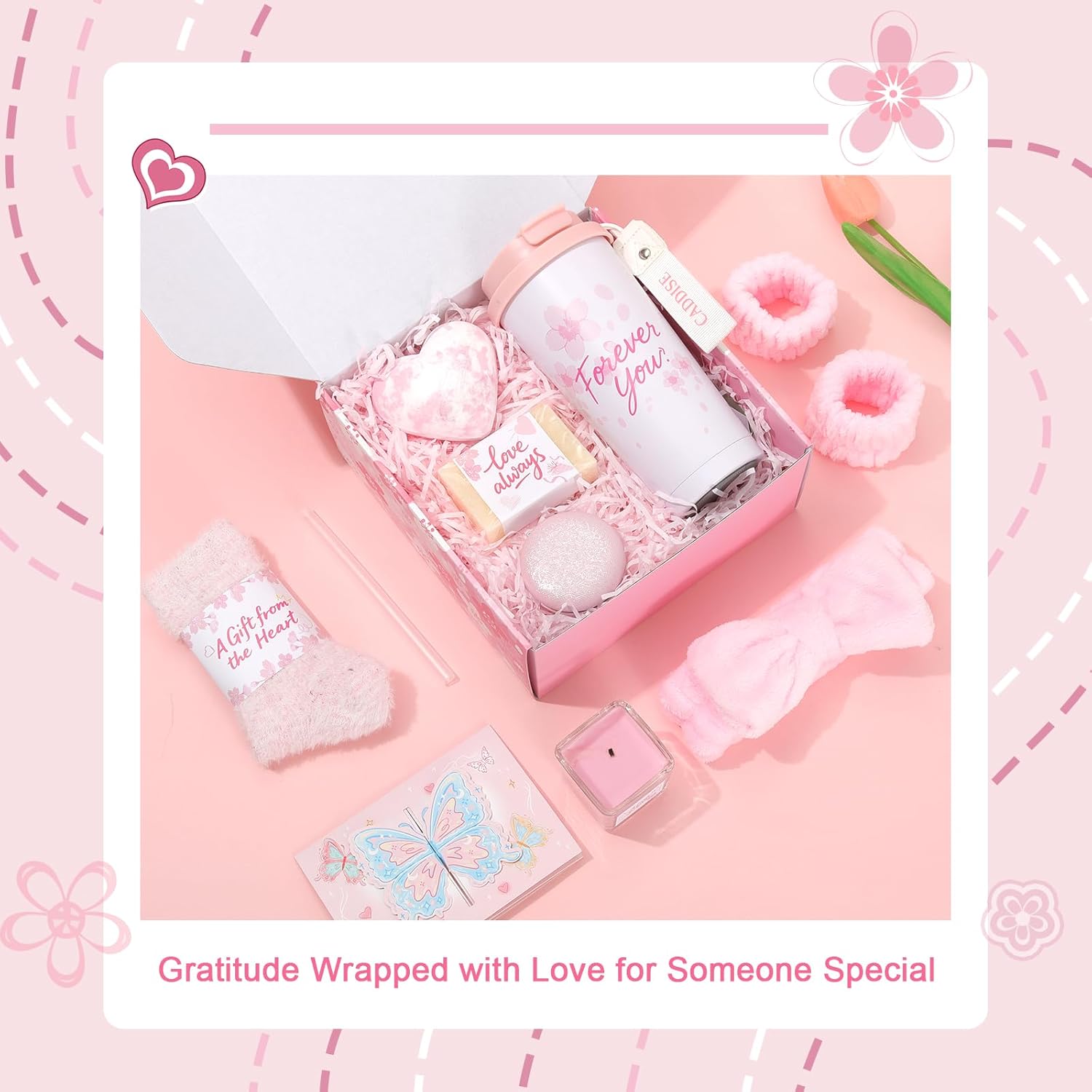 Birthday Gifts for Women - Cherry Blossom Spa Gift Box with Tumbler, Self Care Package for Mom Wife Sister Friend Grandma, Thank You Relaxation Basket for Mother’s Day Valentine’s Day Christmas (Pink) - Image 3