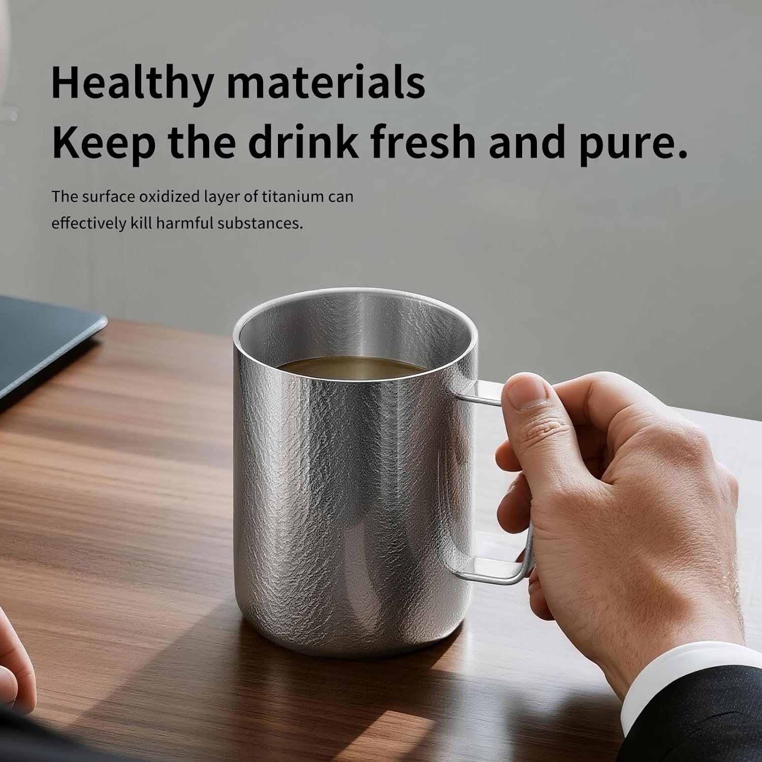 Pure Titanium Coffee Mug,With Handle and Sliding Lid,Pure TitaniumTravel Tumbler Cup with Handle,Double Wall Vacuum Insulated Camping Cup for Hot & Cold Drinks Tea,12 oz,Office Travel Cup. - Image 3