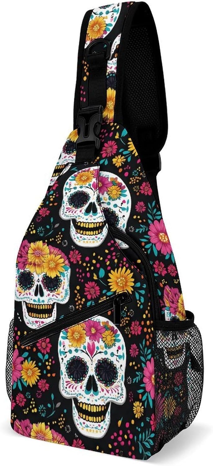 Skull Flower Men Crossbody Sling Backpack Chest Bag | Travel Fanny Pack,Hiking Daypack,Print Shoulder Bags