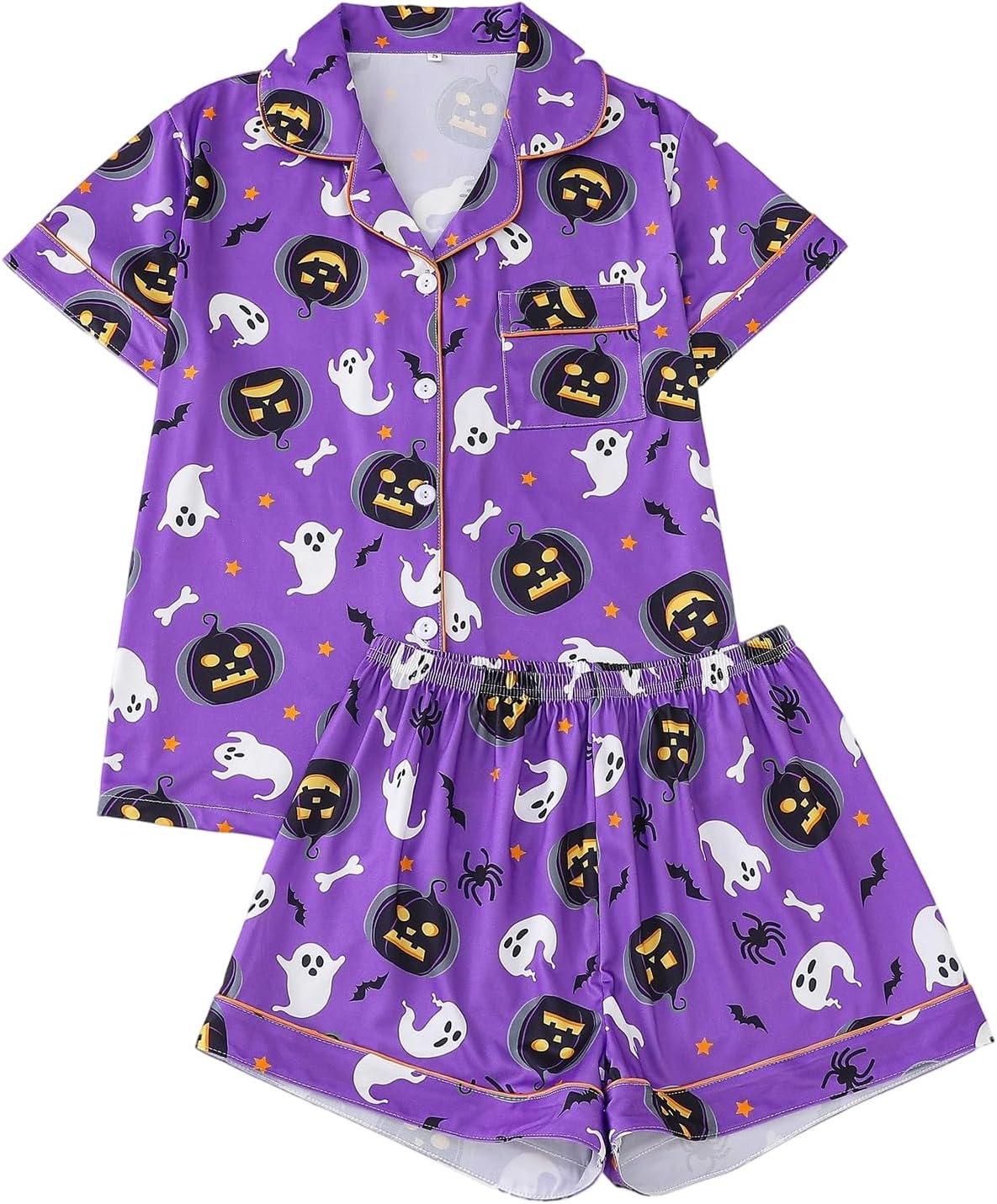 Women 2PCS Halloween Pajamas Set Cute Short Sleeve Pumpkin Ghost Print Shirt + Shorts Set Lounger