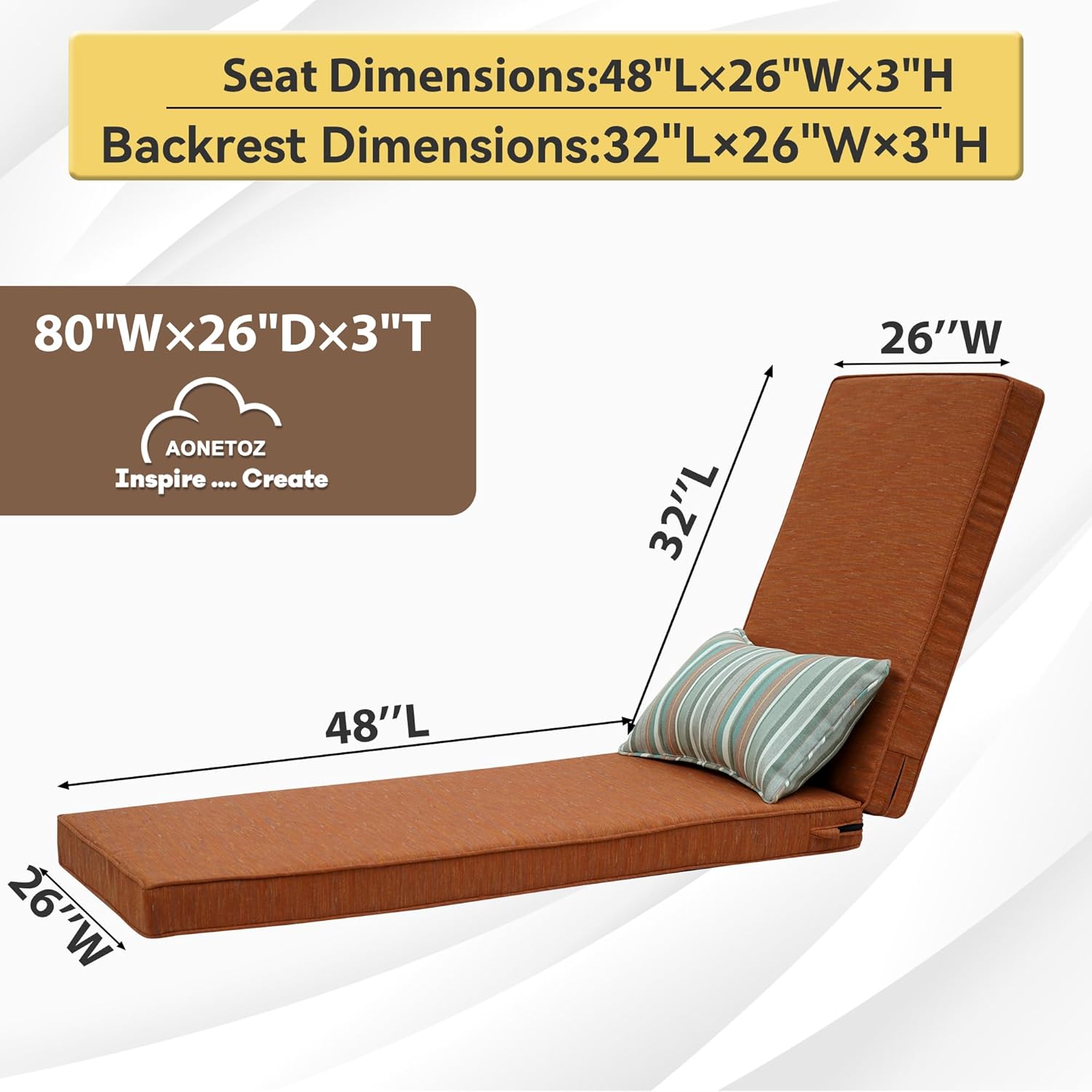 Outdoor Chaise Lounge Cushions, Olefin Lounge Cushion,Rainproof Color Fade-Resistant & Removable Cover Patio Chaise Lounge Cushion with High Resilience Straps for Lounge Chairs with Pillow