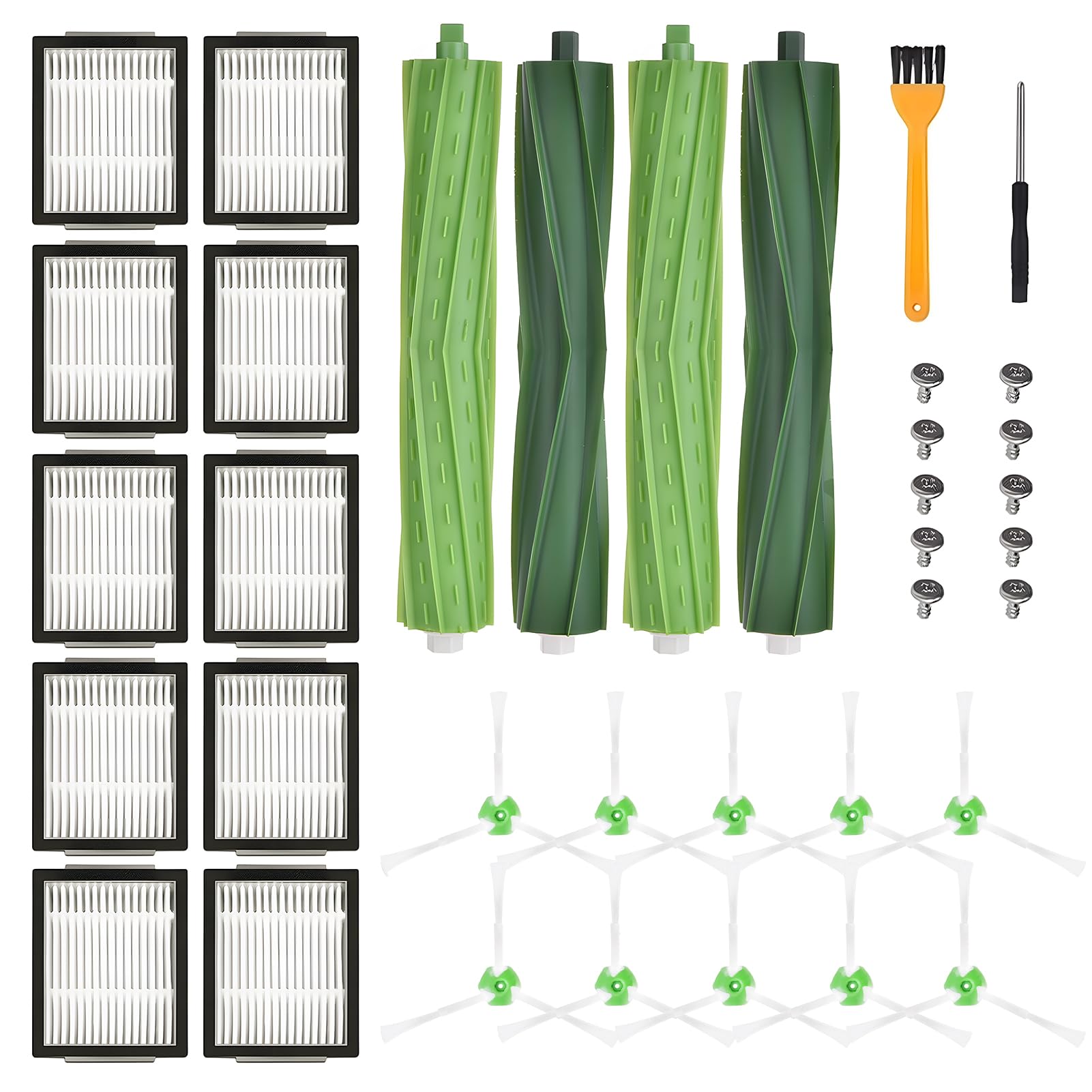 Kit de Recambios para Roomba iRobot i3/i3+, i4, i6/i6+, i7/i7+, i8/i8+, E5 E6 E7 – 2 Juegos de Rodillos, 10 Filtros, 10 Cepillos Laterales, 10 Tornillos, Cepillo de Limpieza y Destornillador