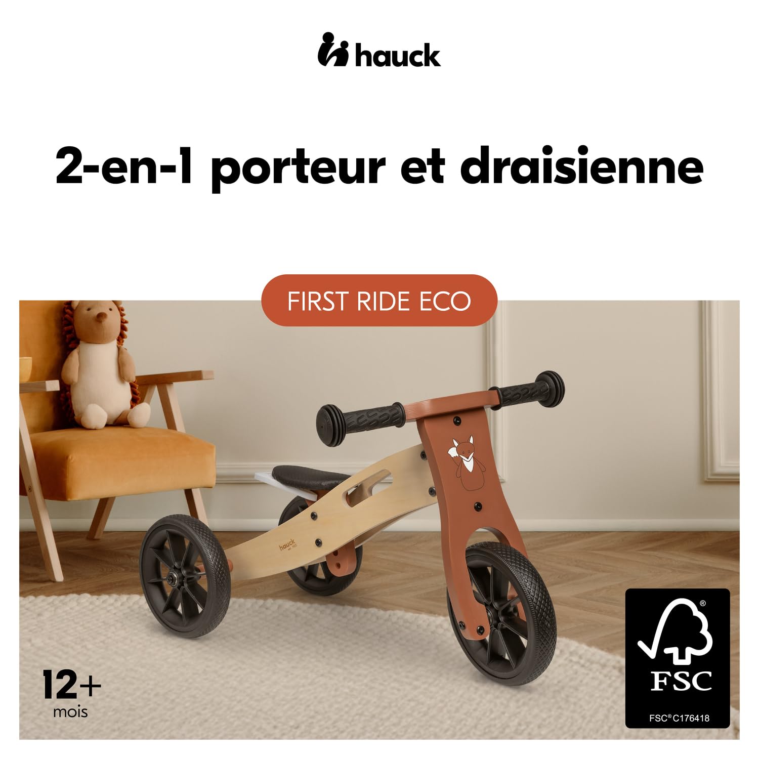 Hauck First Ride Eco 2in1 en Bois, Tricycle et Draisienne Evolutive dès 1 an à 20 kg, Roues 7,5", Selle Réglable, Poignée de Transport, Motif Renard