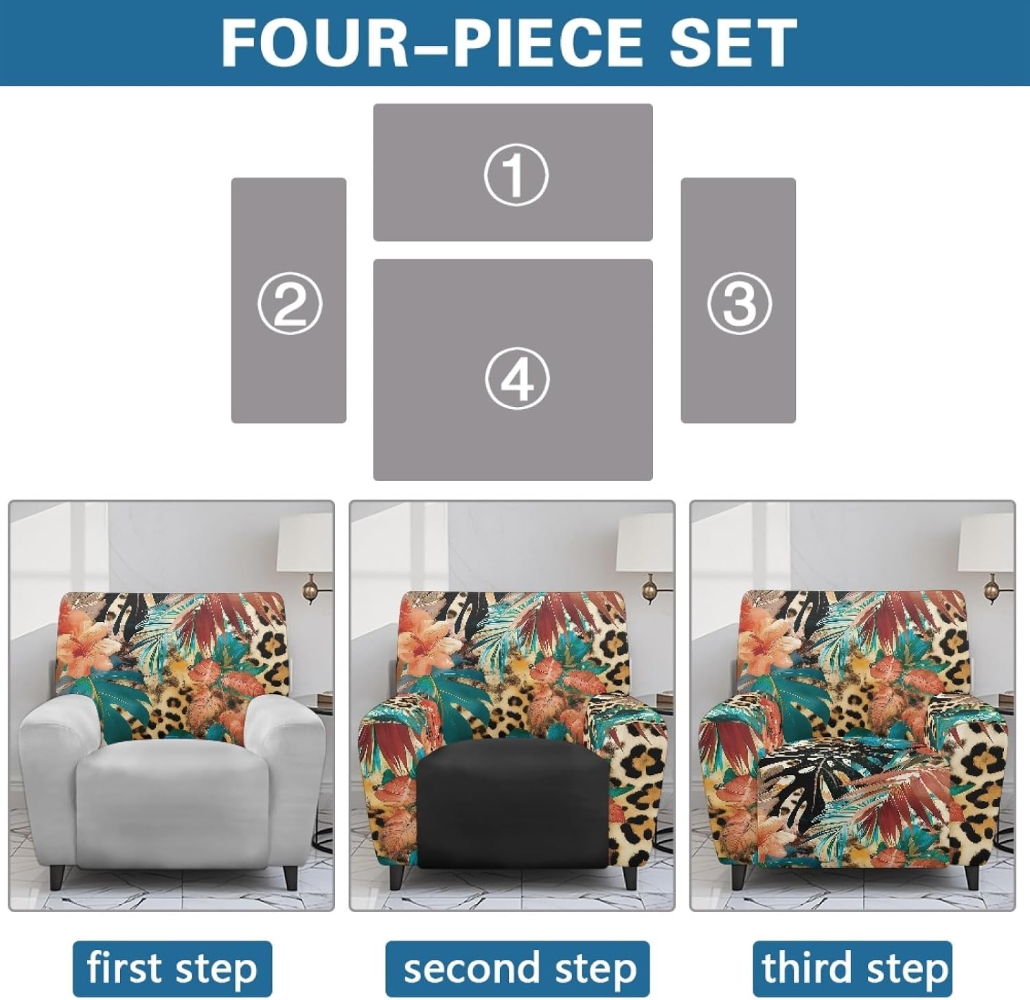 Leopard Print Reclining Chair Arm Covers Protectors 4 Piece Tropical Floral Cover for Lazy Boy Recliners with Pockets Elastic Recliner Chair Covers