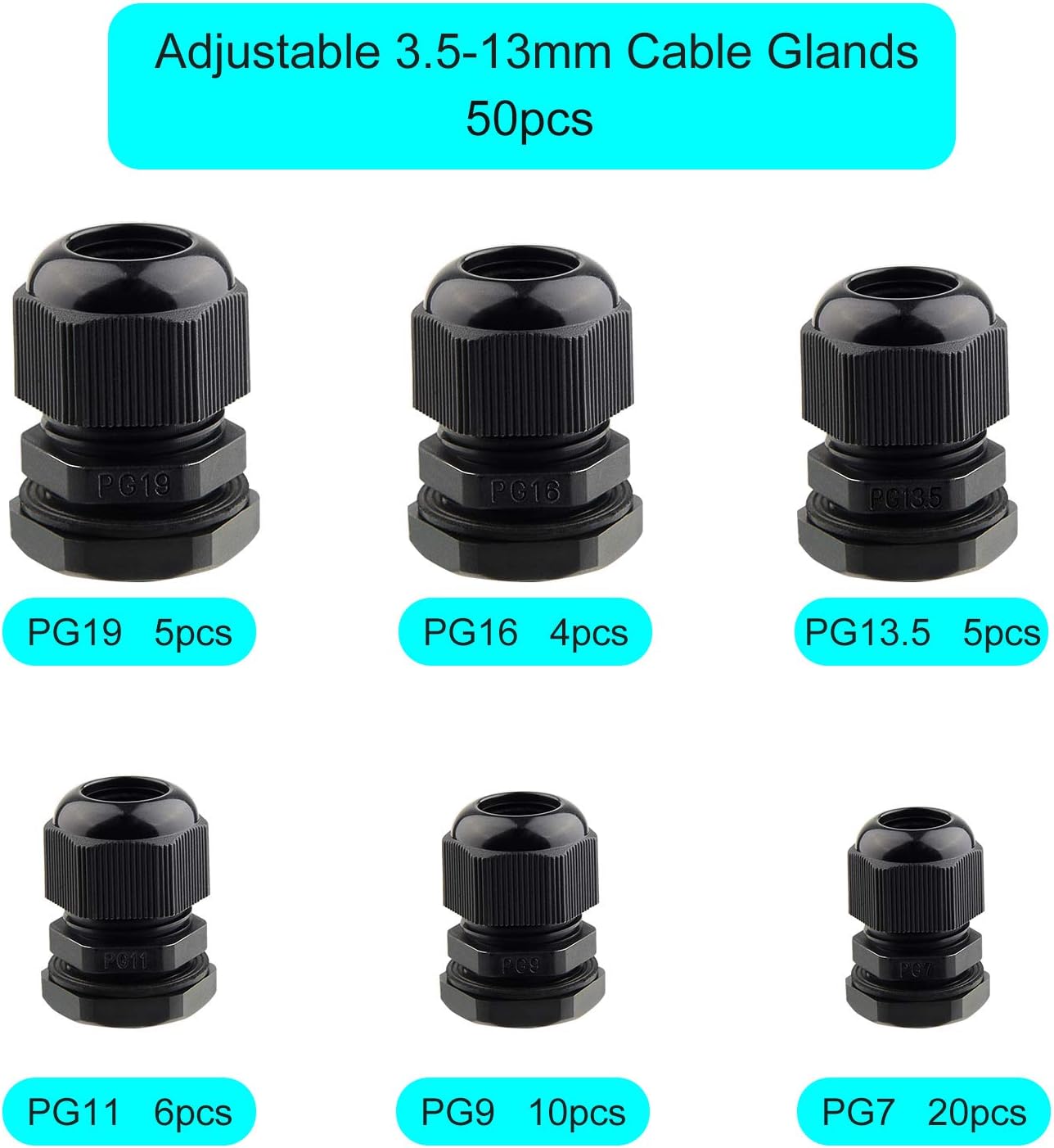 TUPARKA 50 Pack Cable Gland Waterproof Adjustable 3-16mm Cable Connectors PG7 PG9 PG11 PG13.5 PG16 PG19 Plastic Cable Gland Joints with Gaskets in PP Box