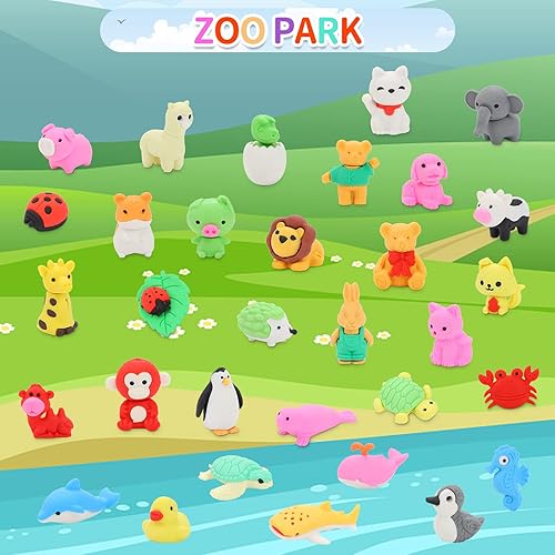 Miniatura 7 de LanMa 35 gomas de borrar de animales  mascotas de escritorio, rompecabezas y borradores desmontables para niños, premios de aula y recuerdos de