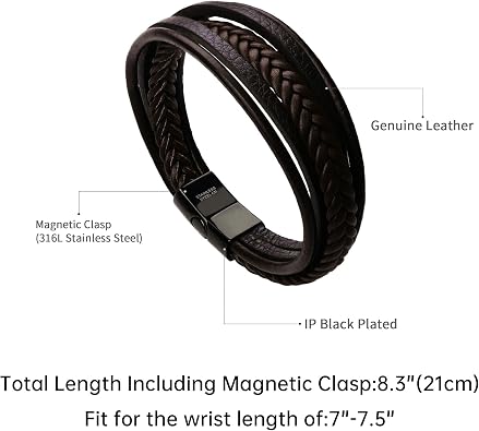 murtoo Mens Leather Bracelet with Clasp Cowhide Multi-Layer Braided Leather Mens Bracelet