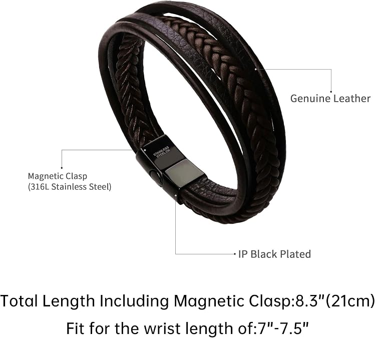 murtoo Mens Leather Bracelet with Clasp Cowhide Multi-Layer Braided Leather Mens Bracelet