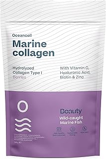 Reines Meereskollagenpulver mit Hyaluronsäure, Vitamin C, Biotin, Zink | Kollagen Hydrolysat-Peptide | Aminosäuren für Haut, Haare, Nägel, Sehnen, Bänder | Waldfruchtgeschmack, 348g | 60 Dosen