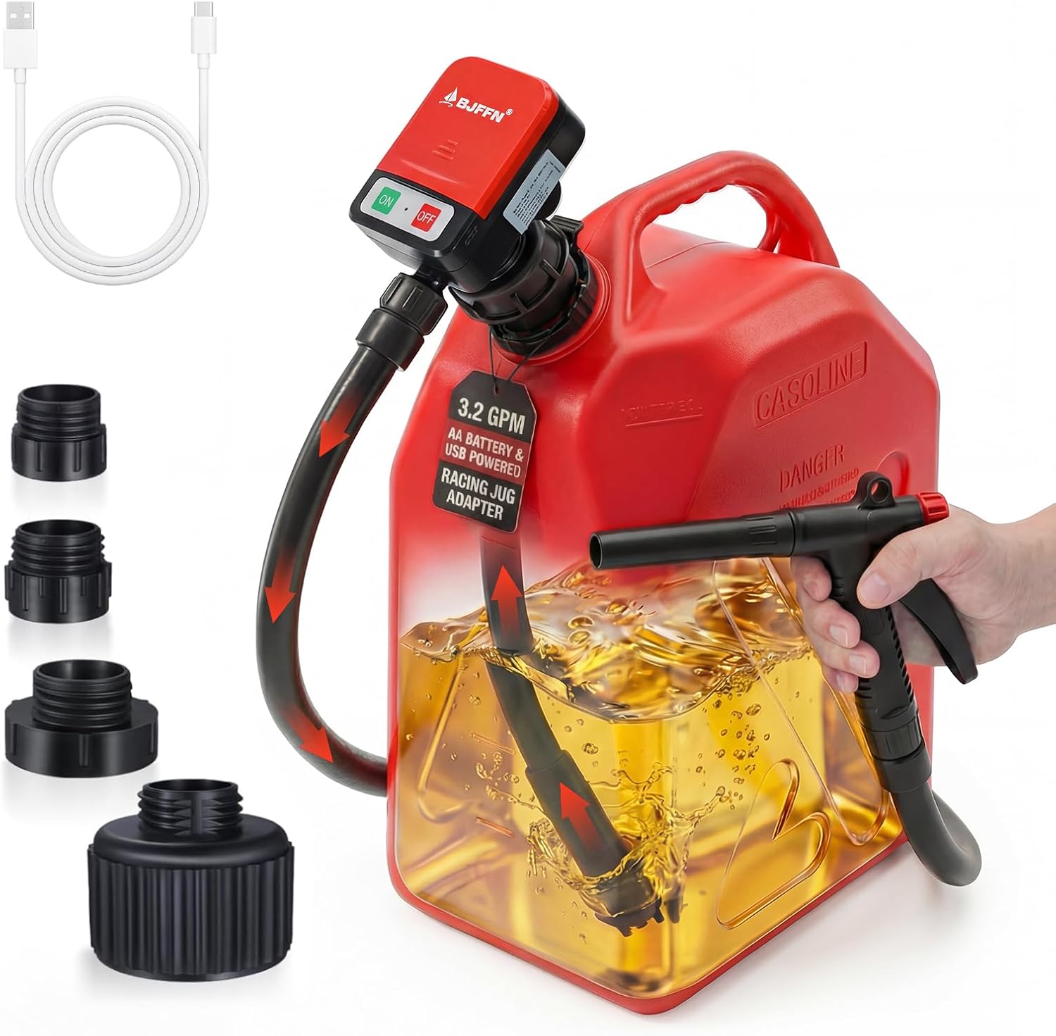 Gas Can Fuel Pump Portable - Gifts for Men, Fast 3.2 GPM Flow Rate, 51” Long Vinyl Hose, 4 Tank Adapter, for Gasoline, Kerosene, Diesel, Non-Potables black