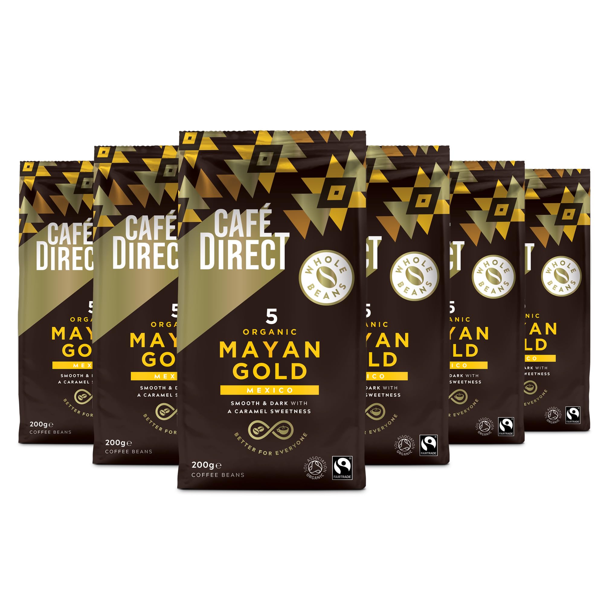 Cafedirect Mayan Gold Organic Coffee Beans – Smooth Dark Roast with Caramel Sweetness, Fairtrade Arabica from Mexico 200g (Pack of 6 - 1.2kg total)