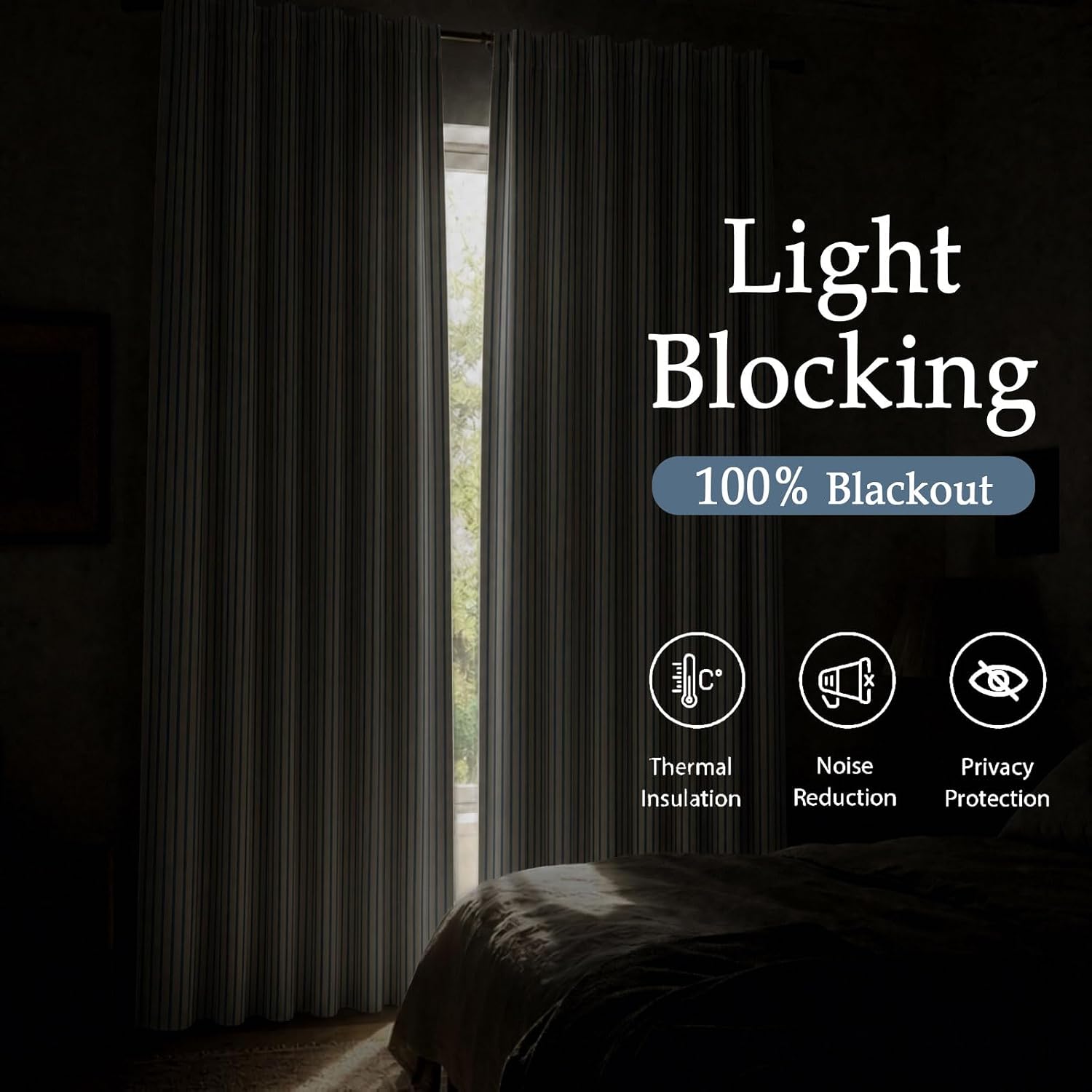 Blue Striped 100% Blackout Linen Curtains，52" W*84" L，2 Panels