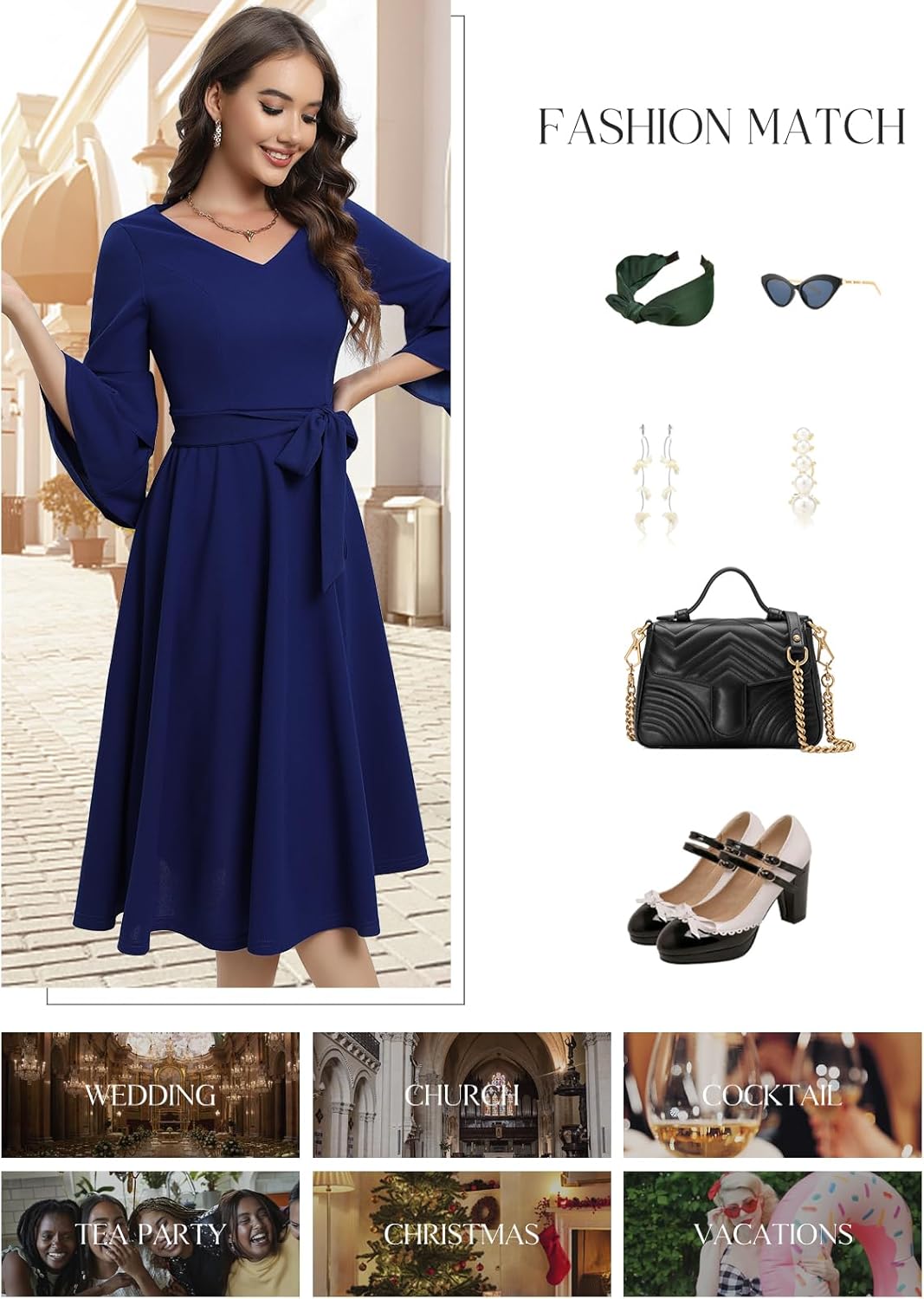 DRESSTELLS Women's Cocktail Dress 2026, A-Line Midi with 3/4 Bell Sleeves for Spring & Wedding Guest - S-3XL - Image 6