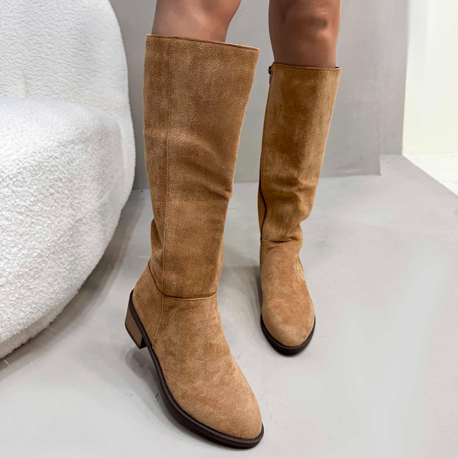 Generisch Stivali da equitazione invernali in pelle scamosciata con polpaccio medio, cerniera laterale, stivaletti, comodi, casual, scarpe alla moda per l'inverno e l'autunno