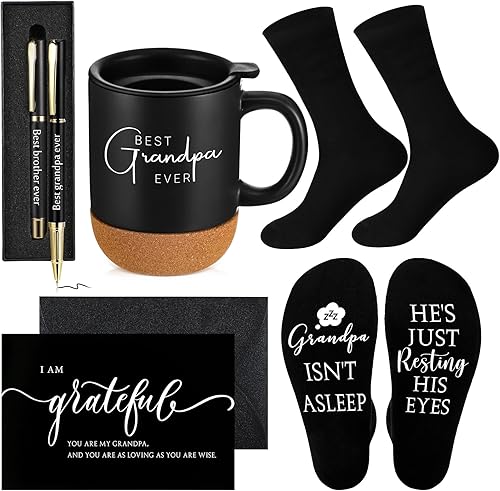 ReliThick Juego de 6 regalos para el mejor abuelo para hombres, abuelo, taza de cerámica de 13.5 onzas, calcetines, bolígrafo con caja de bolígrafo,