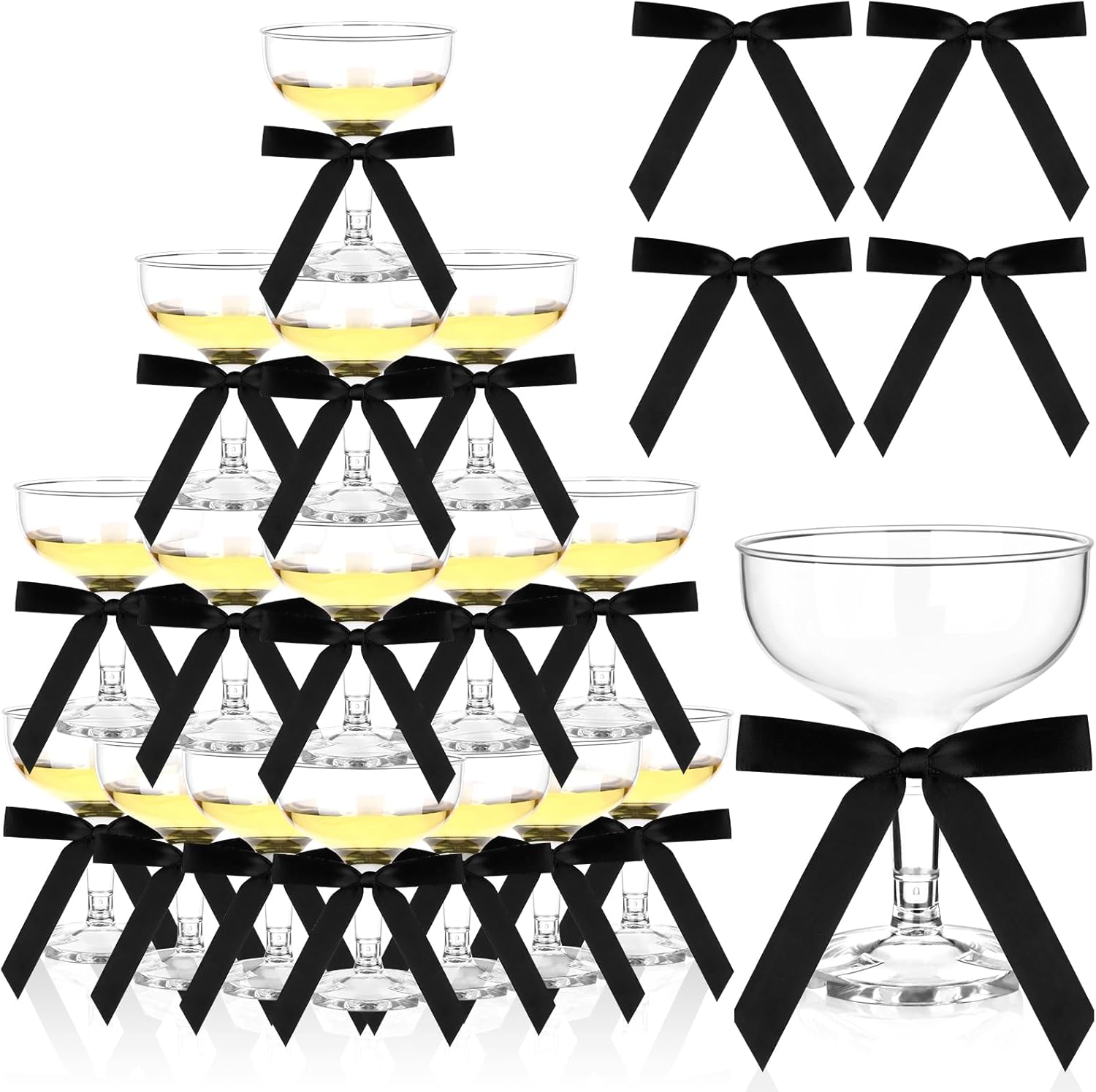 50 Sets Plastic Champagne Coupe Glasses 5oz Acrylic Margarita Martini Glasses with Satin Ribbon Black Bow Disposable Cocktail Glasswares Bulk for Birthday Wedding Bar Champagne Tower