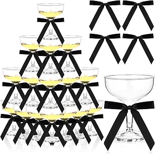 50 Sets Plastic Champagne Coupe Glasses 5oz Acrylic Margarita Martini Glasses with Satin Ribbon Black Bow Disposable Cocktail Glasswares Bulk for Birthday Wedding Bar Champagne Tower