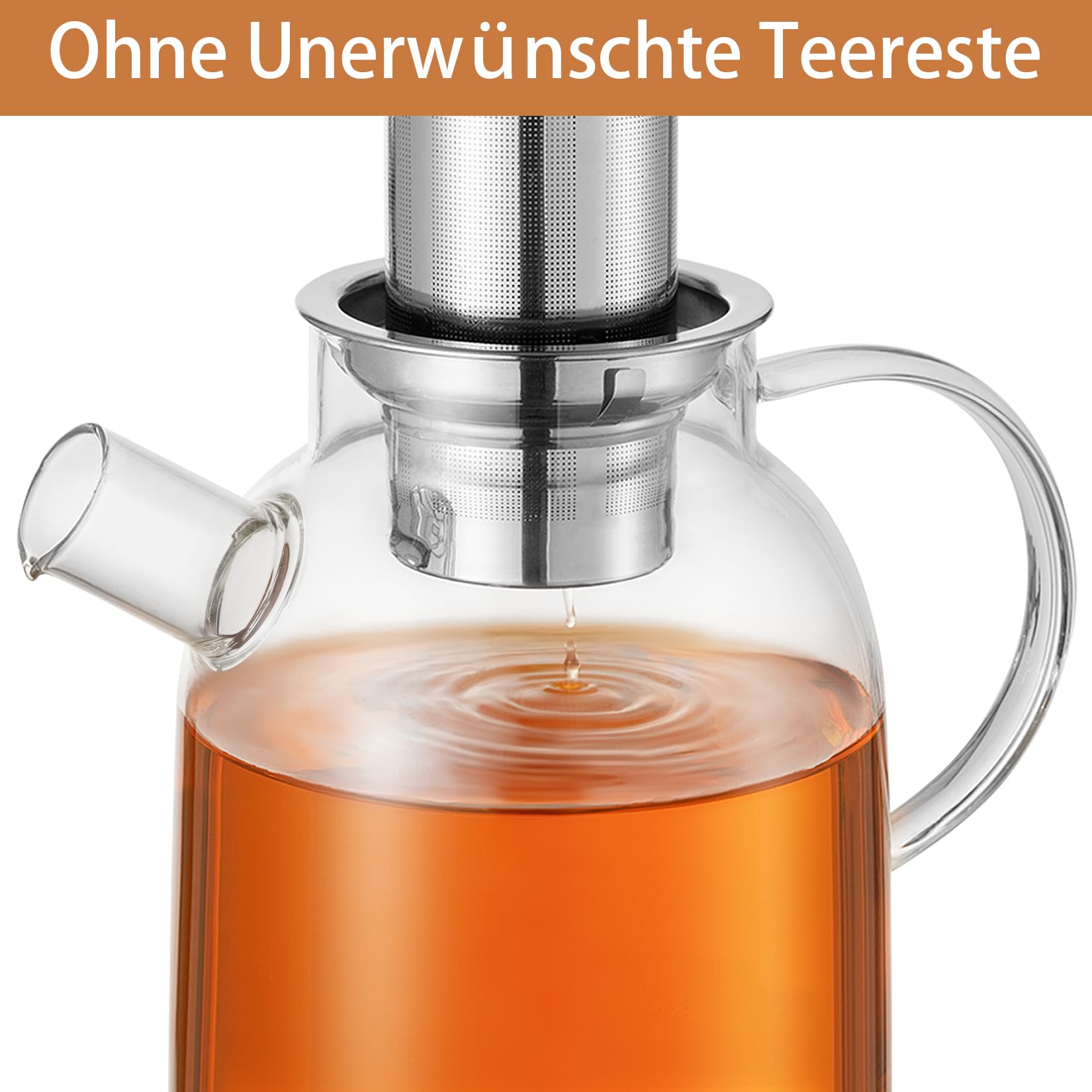 Szklany dzbanek do herbaty, 1,8 l, ze stali nierdzewnej, szkło borokrzemowe i podgrzewacz, nie kapiący, odporny na wysokie temperatury, nadaje się do mycia w zmywarce