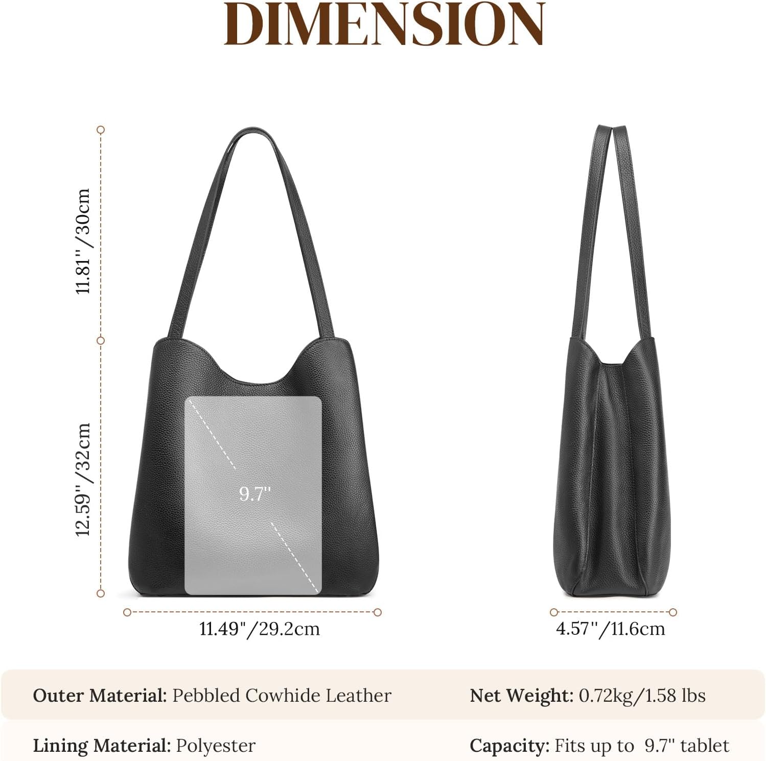 S-ZONE Soft Genuine Leather Tote Bag for Women, Shoulder Handbag with Zipper, Purses with Bottom Metal Rivets - Image 4