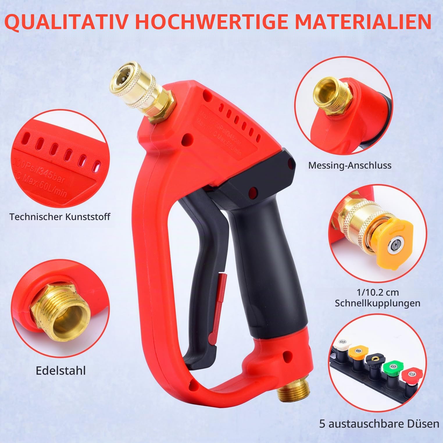 Hochdruckreiniger-Pistole mit Lanze und 5 abnehmbaren Sprühdüsenspitzen,Hochdruck Waschpistole,M22–14 mm Armatur,Quick Connect Spritzpistole Autowascher Zubehör Kit