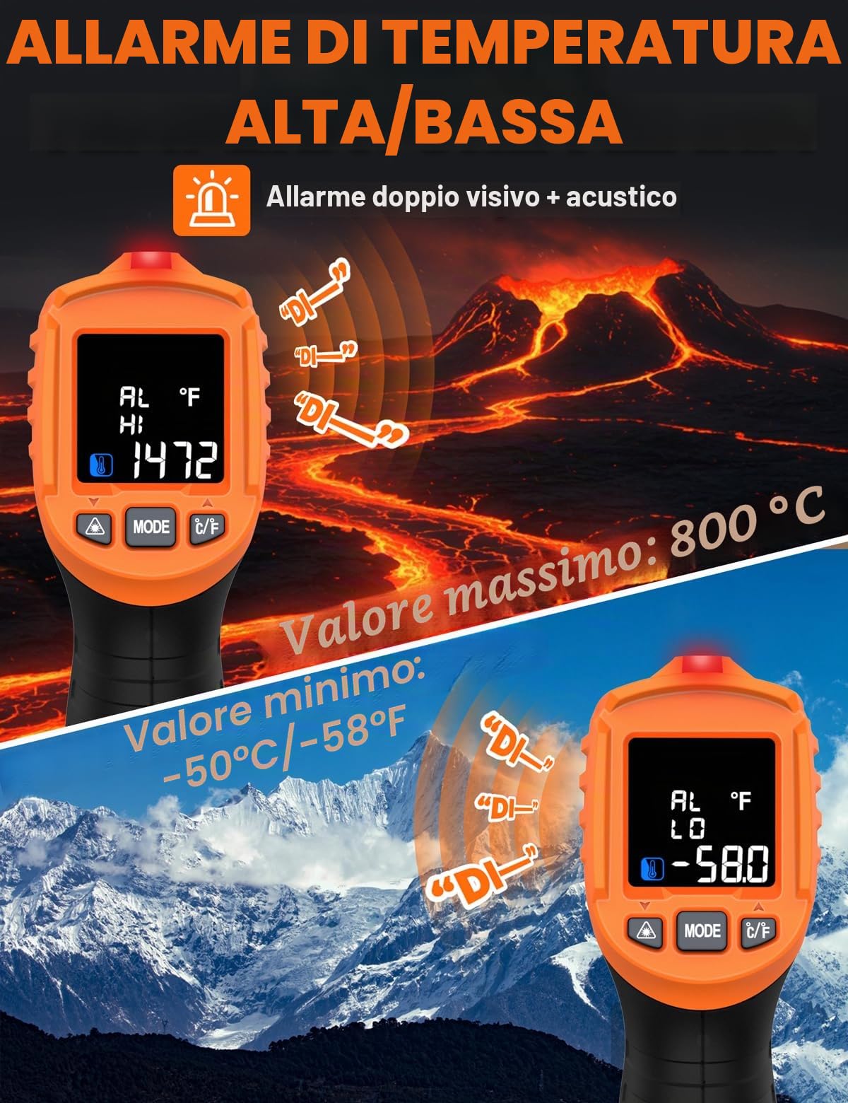 Termometro Infrarossi POROMETISTO 4 in 1, -50°C～800°C, Rilevamento Umidità, K-Sonda, Laser IR Pirometro Digitale