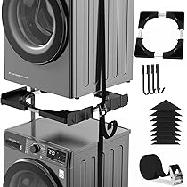 Ultrasottile Kit Sovrapposizione Lavatrice & Asciugatrice Universale | Sistema di Impilaggio Regolabile 45-68cm,  Con 4 ganci | Anti-Vibrazione & Installazione Senza Fori per Candy, Whirlpool (Nero)