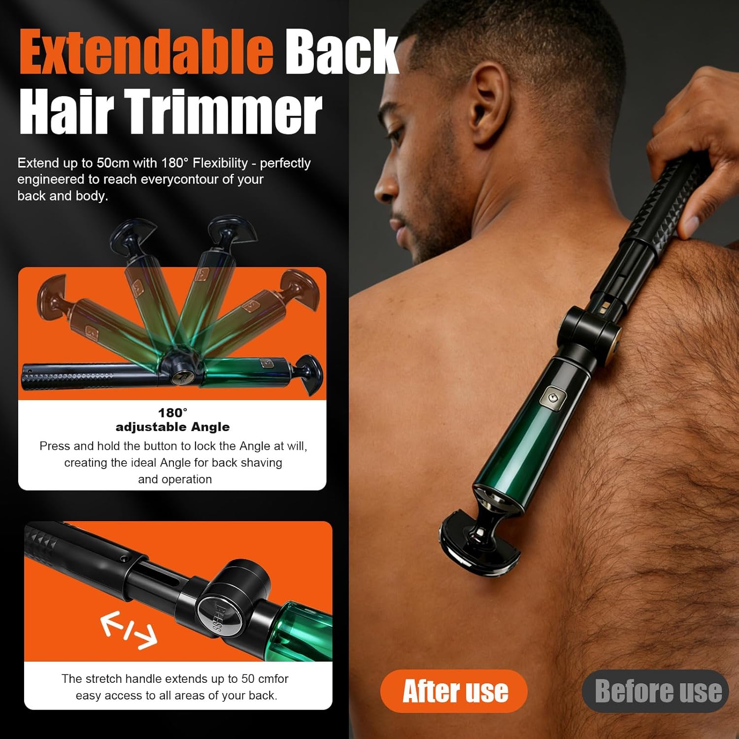 Back Shaver for Men,LED Display 5 in 1 Electric Body Groomer with Adjustable Long Handle - Rechargeable, IPX6 Waterproof Trimmer for Full Body Grooming（Green）