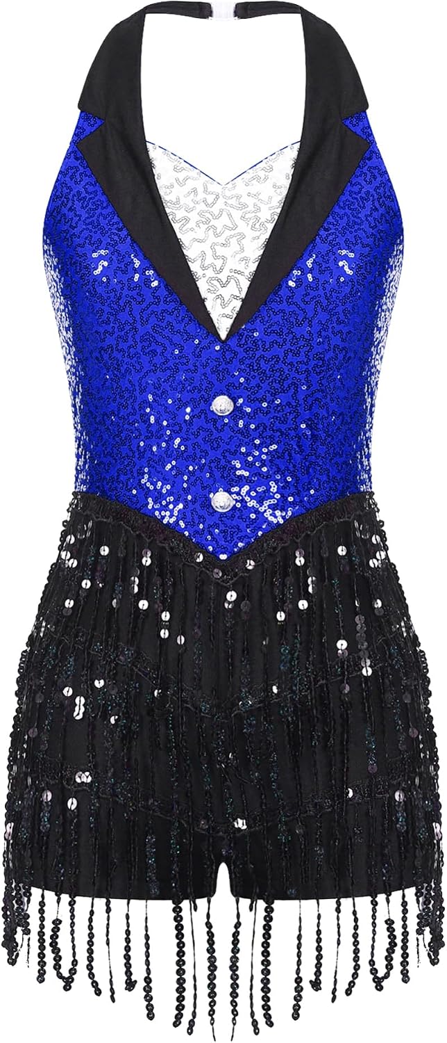 iEFiEL Women's Shiny Sequins Fringe Bodysuit Sleeveless Halter Neck Tassel Leotard Latin Jazz Costume