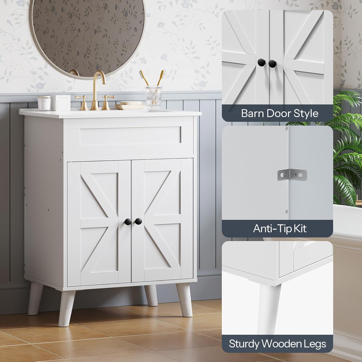 HOOBRO 24.2" Modern Bathroom Vanity with Sink, Farmhouse Bathroom Sink Cabinet with Ceramic Basin, Door Storage, 2 Doors & High-Leg Design, Easy Assembly, Drain Kit Not Included, White