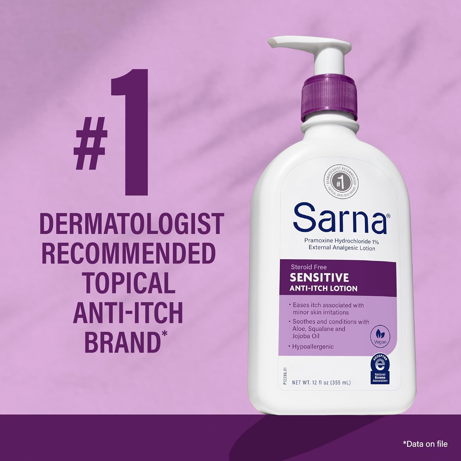 Sarna Sensitive Anti-Itch Lotion, Steroid-Free, Fragrance-Free, Vegan, Hypoallergenic, National Eczema Association Accepted, 1% Pramoxine Hydrochloride, 12 oz - Image 3