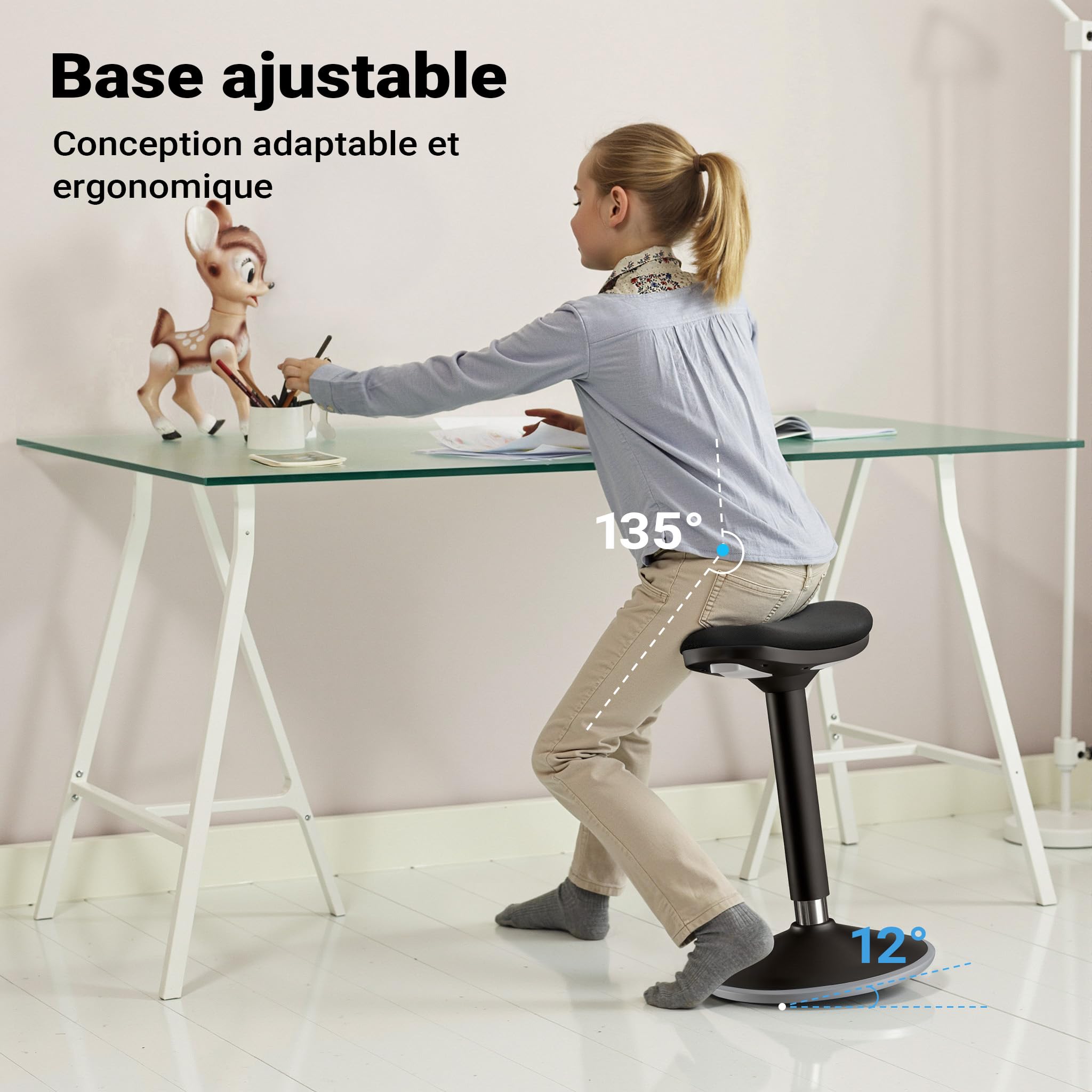 WilTec Tabouret Ergonomique Assis Debout – 36 x 23 x 55-82 cm – Capacité Max. 135 kg – Couleur Noire – avec Ressort à gaz – Fauteuil de Bureau, Chaise Debout Assis