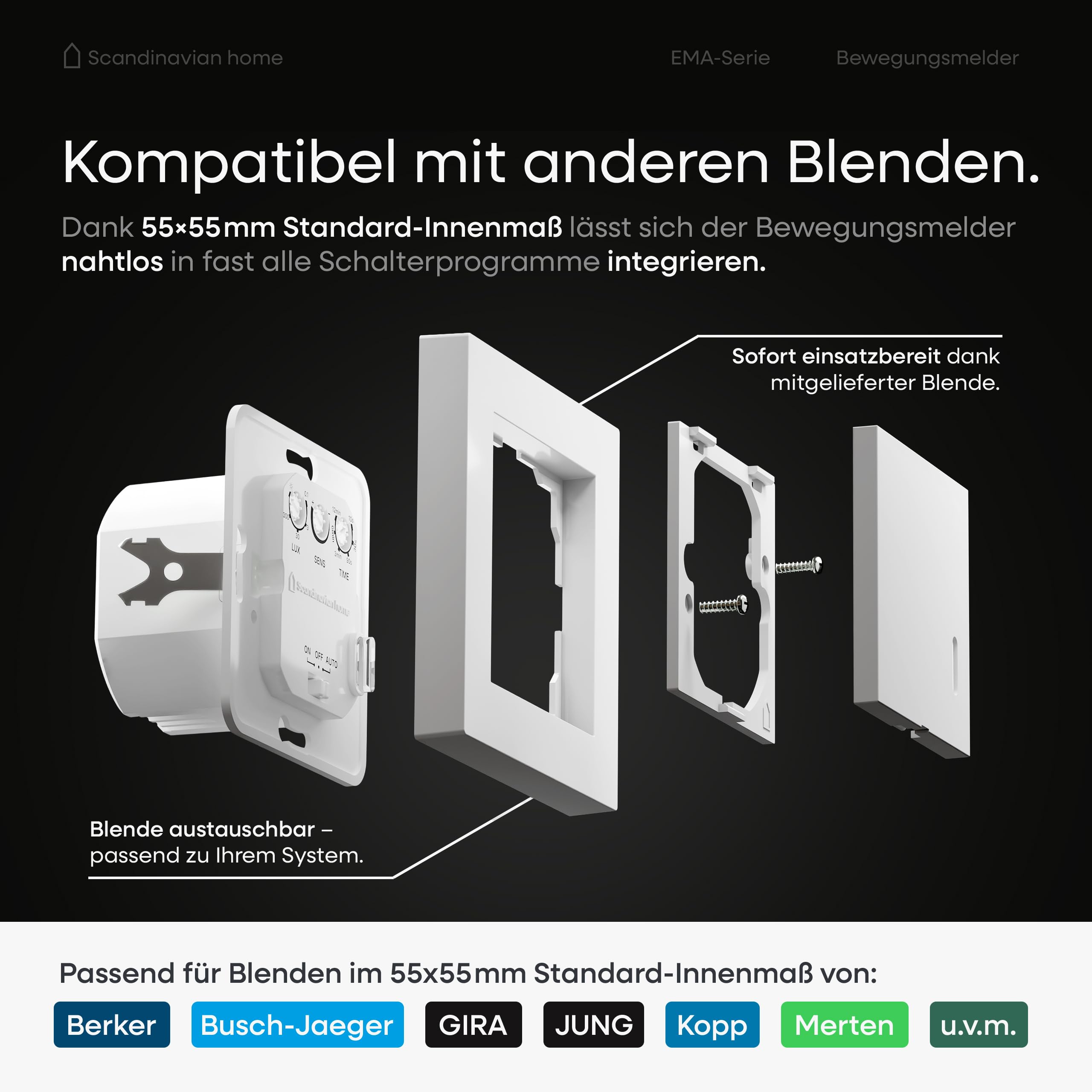 Scandinavian home czujnik ruchu do wnętrz – czujnik ruchu HF włącznik światła standardowy wymiar 55-180°, wykrywanie 15 m, z techniką 3-przewodową / neutralnym przewodem do LED, montaż podtynkowy
