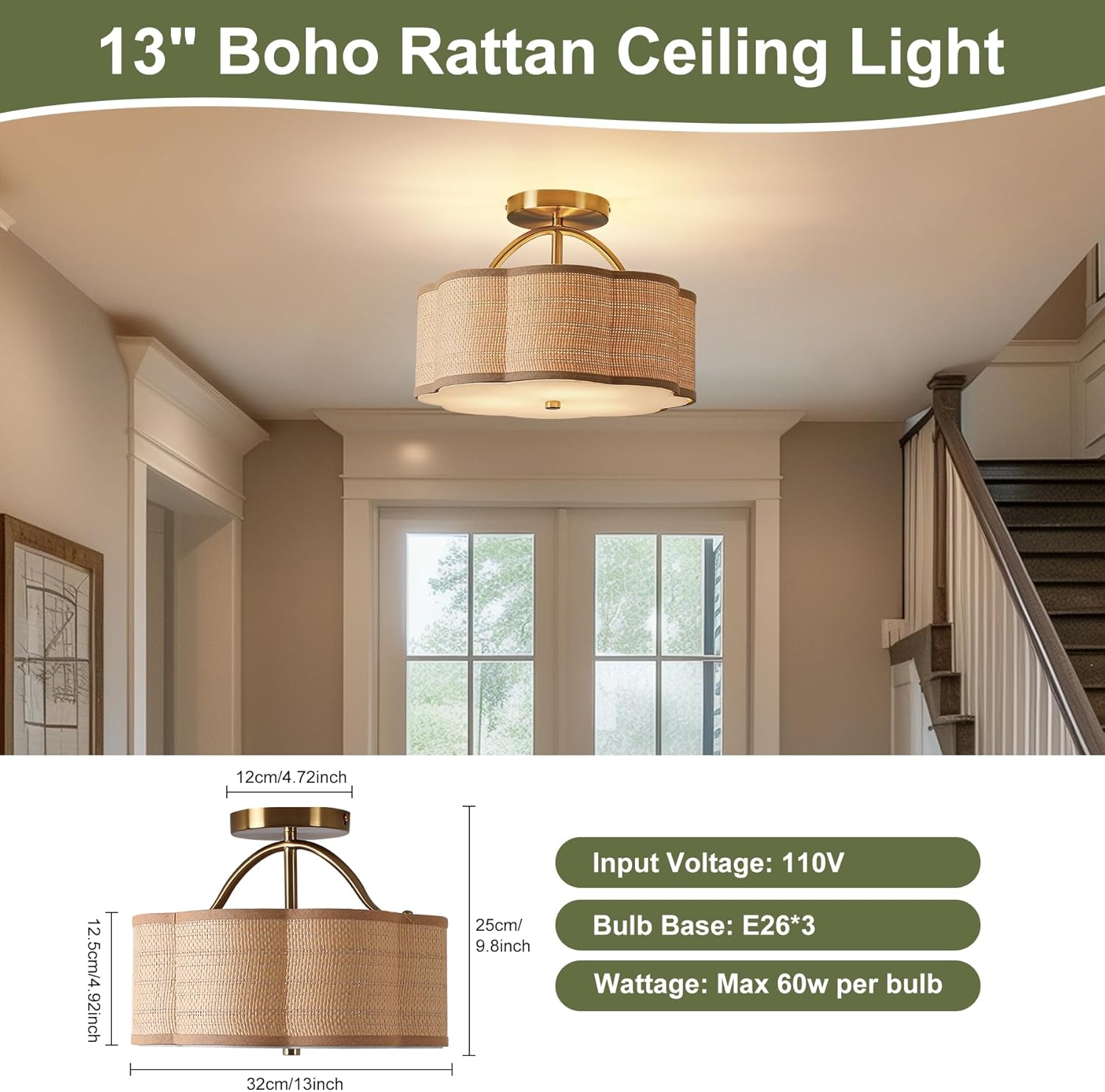 13" Rattan Semi Flush Mount Ceiling Light 3-Light Boho Mini Chandelier Ceiling Light Flush Mount for Hallway,Entrance,Kitchen,Bathroom,Bedroom,Living Room