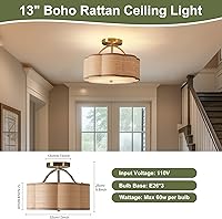 Vista 3 de 13" Rattan Semi Flush Mount Ceiling Light 3-Light Boho Mini Chandelier Ceiling Light Flush Mount for