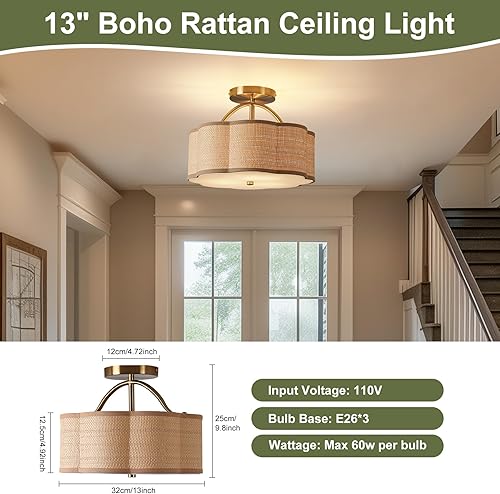 Miniatura 3 de Lámpara de techo semiempotrada de ratán de 13 pulgadas, 3 luces, estilo bohemio, mini lámpara de techo para pasillo, entrada, cocina, baño,