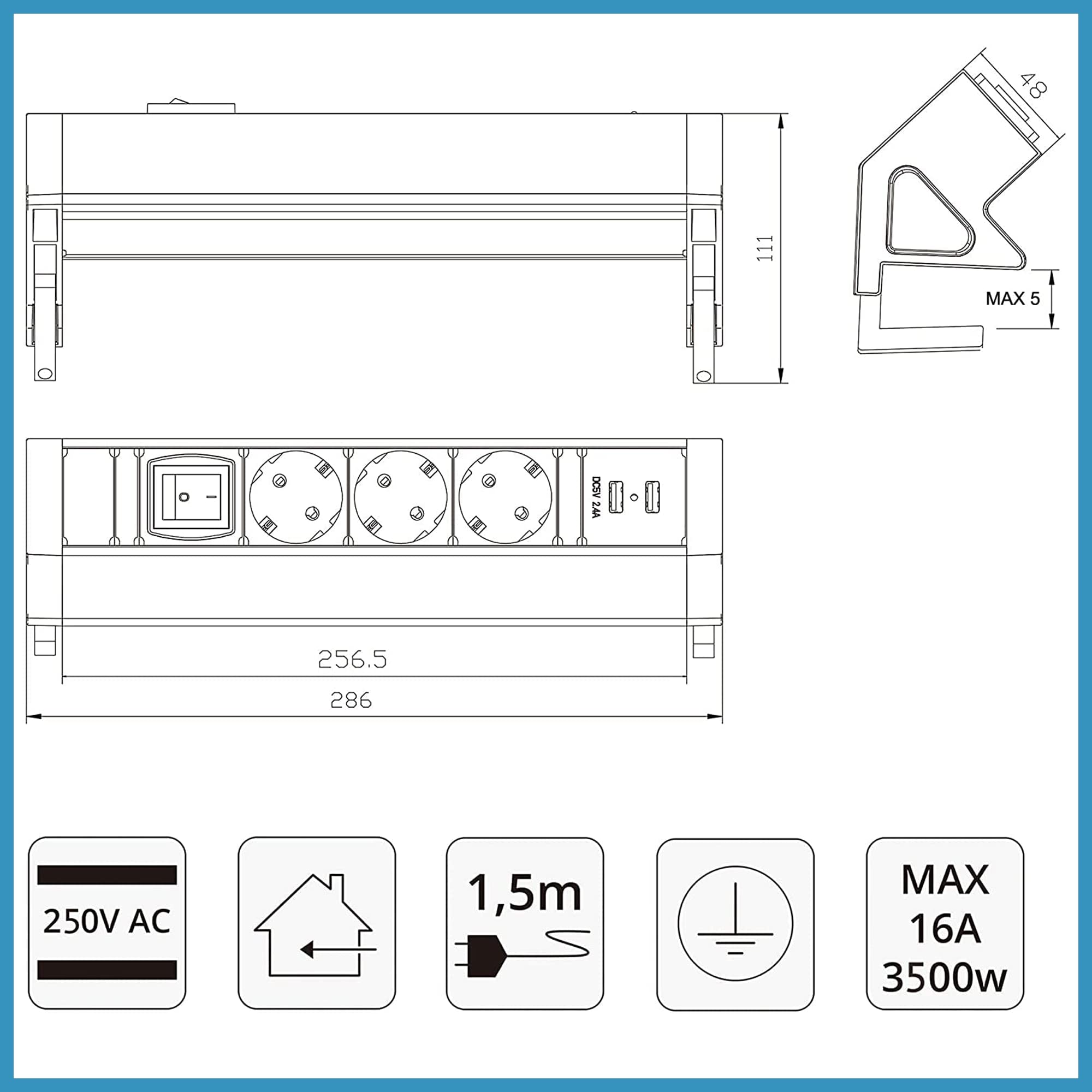 Elbe Inno Bloc Prise De Bureau, Multiprise 3 Prises 2 Ports USB