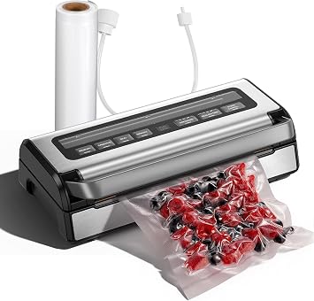 AAOBOSI 95KPa Vacuum Sealer for Liquids & Meats, Dry & Moist Foods, 9-in-1 Sealer with Double Heat Seal, Easy One-Hand Lock, Built-in Cutter & Starter Kit Bags, Stainless Steel Body - Silver