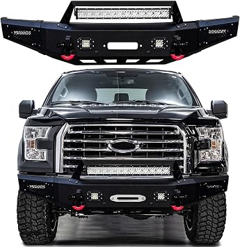 Compatible with 2015-2016-2017 F150 Front Bumper Textured Black Steel with Light and D-ring
