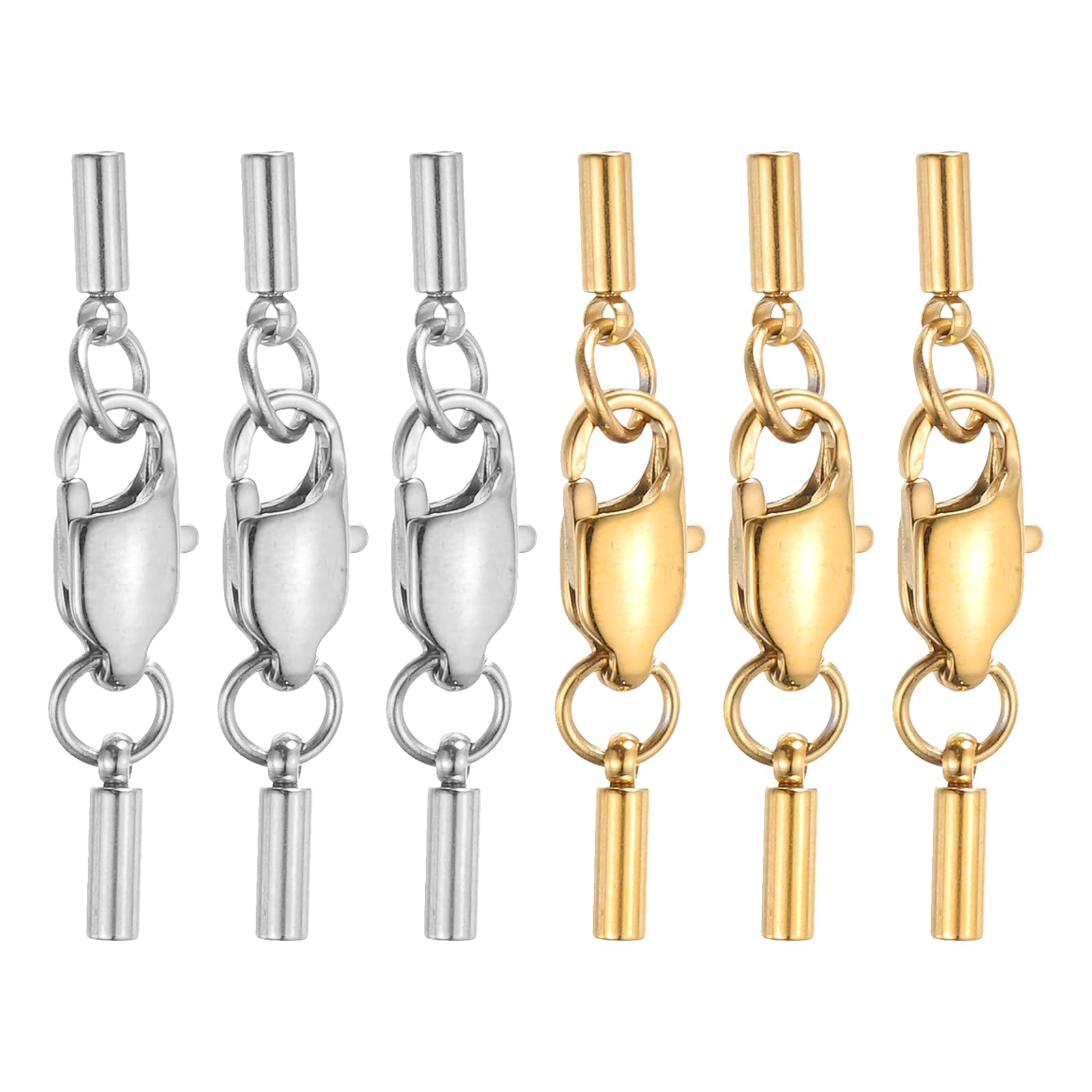 sourcing map 6Set 1.2mm Leather Cord End Caps with Lobster Claw Clasps Connector, Stainless Steel Cord Ends Barrel Terminators for Jewelry Making DIY Crafts Necklace Bracelets, Silver/Gold
