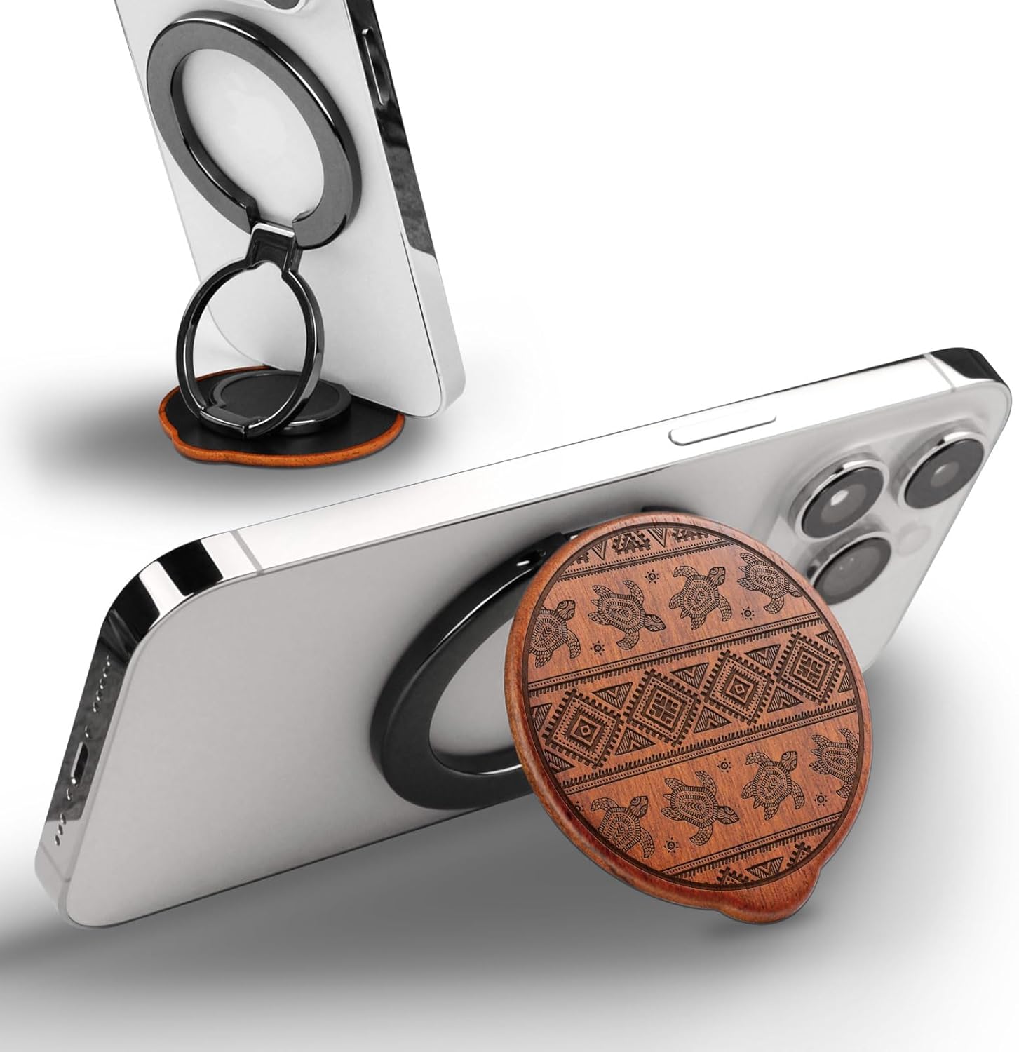 Carveit Solid Wood Design Adjustable Magnetic Phone Kickstand for MagSafe Accessories Ring Holder Stand Metal Grip Hook Compatible with iPhone 14/13/12/15/16 Pro Max (Turtle Pattern Design - Redwood)