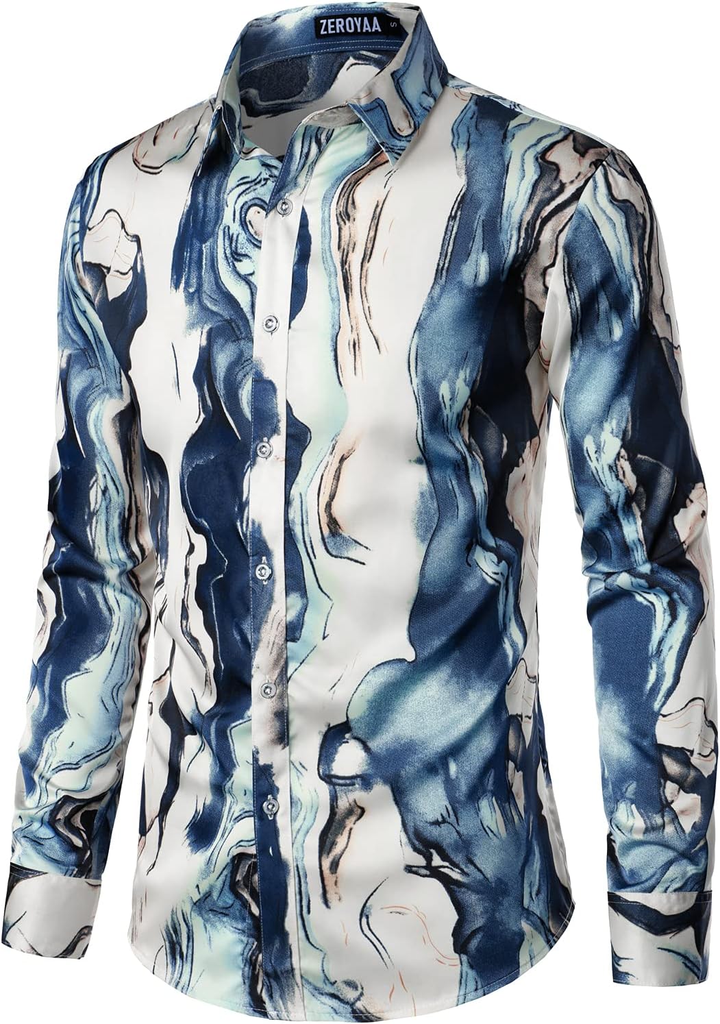 ZEROYAA Men's Hipster Printed Slim Fit Long Sleeve Button Up Satin Dress Shirts - Image 3