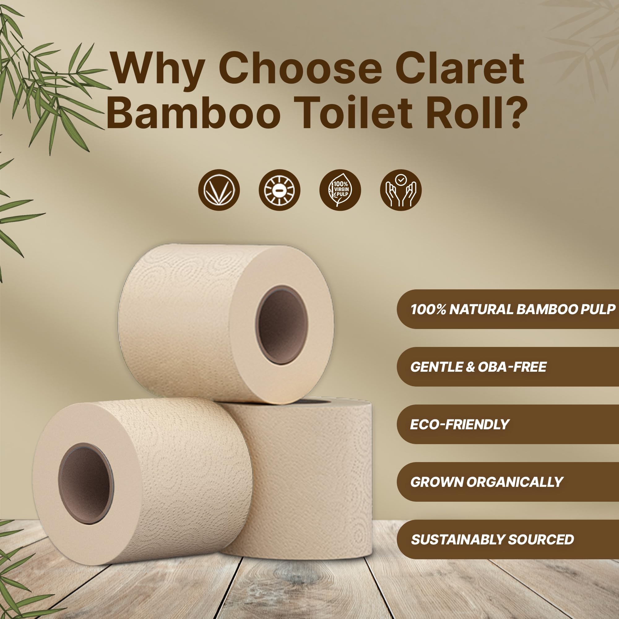 Claret Bamboo 3-Ply Toilet Roll (10 x 10 cm) | 200 Pulls Eco-Friendly | 4 Toilet Rolls in 1 Pack | OBA Free | Natural Bamboo Pulp (Pack Of 1 (4 Rolls)) - Image 6 thumbnail